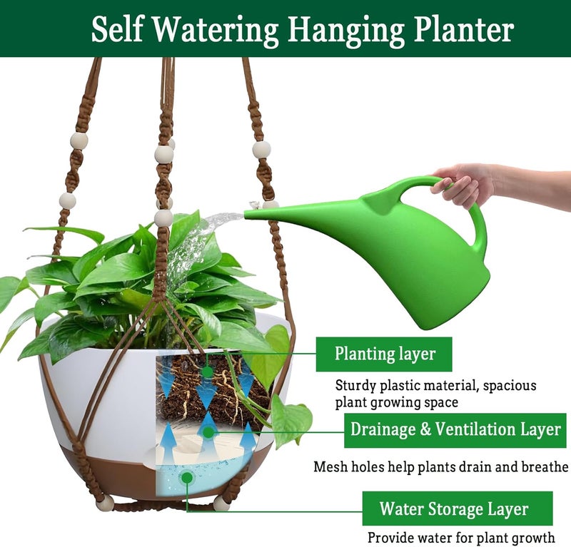 Koalaime 2 Pack Hanging Planters Set,10 Inch Indoor Outdoor Hanging Plant Pot Basket,Hanging Flower Pot with Drainage Hole with 3 Hooks for Garden Home(Caramel Hanger White Planters) - Image 4